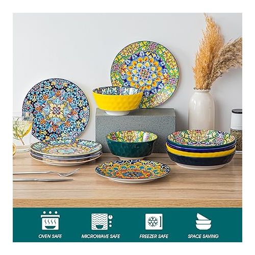  vancasso Porcelain Dinner Plates, Set of 6, 8.5 Inch Colourful Breakfast Plates, Ceramic Dessert Plates, Microwave, Oven and Dishwasher Safe, Colourful Bohemian Style Dishes for Kitchen