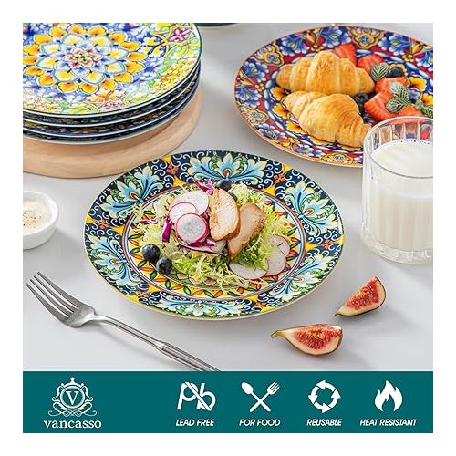  vancasso Porcelain Dinner Plates, Set of 6, 8.5 Inch Colourful Breakfast Plates, Ceramic Dessert Plates, Microwave, Oven and Dishwasher Safe, Colourful Bohemian Style Dishes for Kitchen