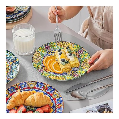  vancasso Porcelain Dinner Plates, Set of 6, 8.5 Inch Colourful Breakfast Plates, Ceramic Dessert Plates, Microwave, Oven and Dishwasher Safe, Colourful Bohemian Style Dishes for Kitchen