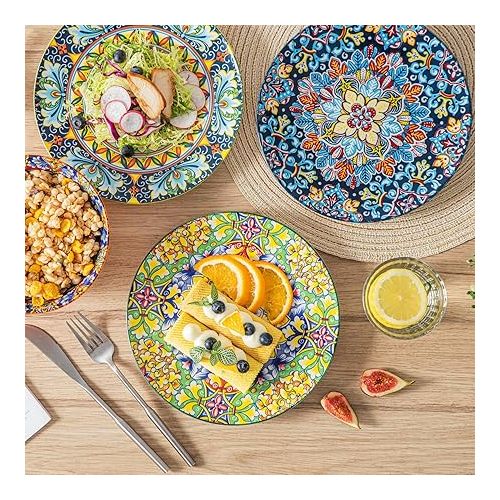  vancasso Porcelain Dinner Plates, Set of 6, 8.5 Inch Colourful Breakfast Plates, Ceramic Dessert Plates, Microwave, Oven and Dishwasher Safe, Colourful Bohemian Style Dishes for Kitchen