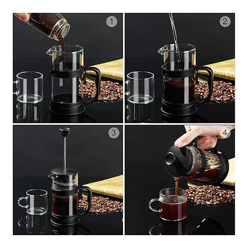  ParaCity French Press Coffee Maker 350 ml, Coffee Press Made of Stainless Steel Filter and Heat Resistant Glass, Cold Brew Coffee Machine, Good as a Gift for Travel and Home (350 ml Black)