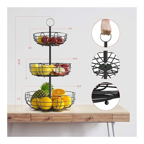  Bomclap 3-Tier Fruit Basket for Space Saving, Fruit Stand Tehend Modern Fruit Bowls, Metal Fruit Baskets for Fruit, Cake, Sweets, Vegetables (3 Tier Fruit Basket)