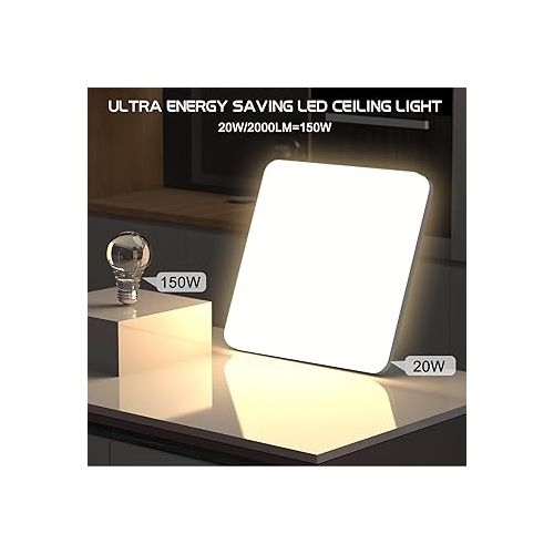  OUILA LED Ceiling Light, 20 W Ceiling Light for Kitchen, Bathroom, Living Room, Basement, Hallway, IP44 Waterproof, 2000 lm, 4000 K, Natural White Lighting, Square Lamps, 22 cm x 22 cm