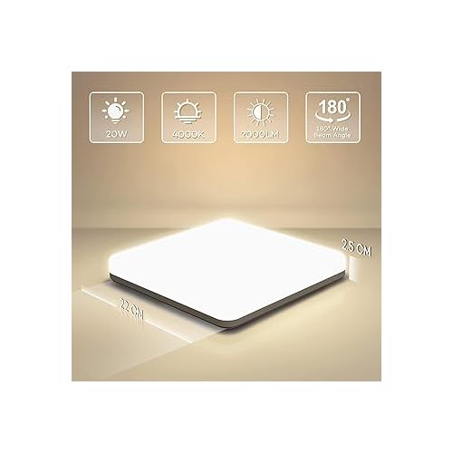  OUILA LED Ceiling Light, 20 W Ceiling Light for Kitchen, Bathroom, Living Room, Basement, Hallway, IP44 Waterproof, 2000 lm, 4000 K, Natural White Lighting, Square Lamps, 22 cm x 22 cm