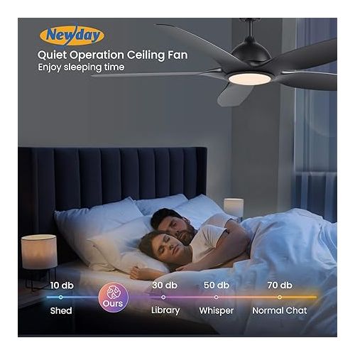  Newday Ceiling Fan with Lighting and Remote Control, 153 cm Ceiling Fan with Lamp Quiet, Ceiling Fan with Light Black, Ceiling Fans with Dimmable Lighting DC Motor 5 Gears 3 Timer