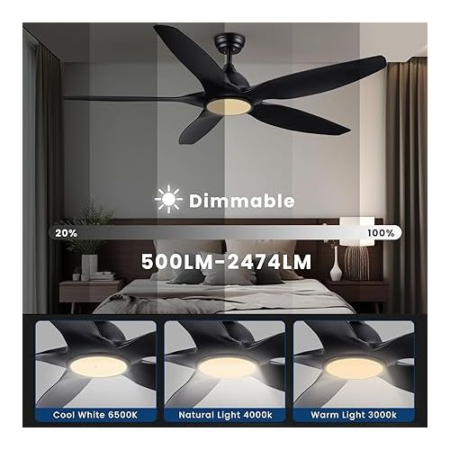  Newday Ceiling Fan with Lighting and Remote Control, 153 cm Ceiling Fan with Lamp Quiet, Ceiling Fan with Light Black, Ceiling Fans with Dimmable Lighting DC Motor 5 Gears 3 Timer