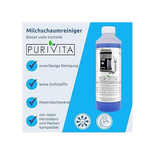  PURIVITA - Milk System Cleaner Coffee Machine - for Coffee Machines and Much More - 500 ml Milk Foam Cleaner Concentrate