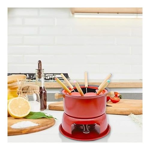  Feriany Red Mini Stainless Steel Fondue Pot Set, Cheese, Chocolate Fondue, 6 Dip Forks and Removable Pot, Melting, Candy, Sauce, Dip