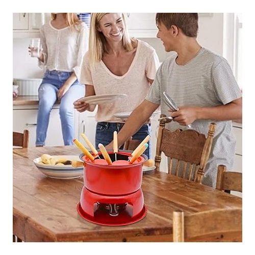  Feriany Red Mini Stainless Steel Fondue Pot Set, Cheese, Chocolate Fondue, 6 Dip Forks and Removable Pot, Melting, Candy, Sauce, Dip