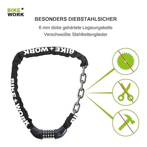  BIKE WORK Bicycle Lock Chain Lock Combination Lock 5 Combination Code High Security Hardened Steel Chain Links Anti-Theft for Bicycle E-Bike Scooter Grill Black 6mm x 1000mm