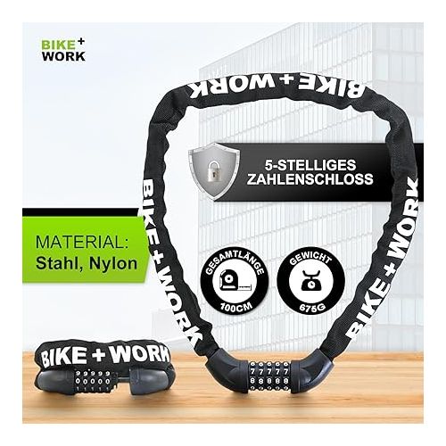  BIKE WORK Bicycle Lock Chain Lock Combination Lock 5 Combination Code High Security Hardened Steel Chain Links Anti-Theft for Bicycle E-Bike Scooter Grill Black 6mm x 1000mm