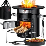 KESSER® Rocket stove with cast iron grill pan, barbecue tongs and carry bag, Dutch oven, 6 integrated spikes, BBQ rocket, wood stove, camping, outdoor camping stove, stainless steel, black