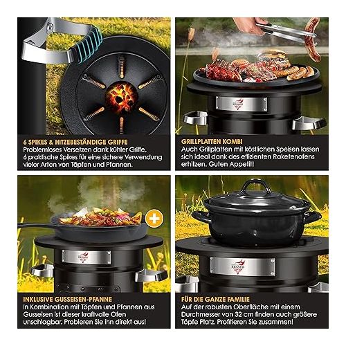  KESSER® Rocket stove with cast iron grill pan, barbecue tongs and carry bag, Dutch oven, 6 integrated spikes, BBQ rocket, wood stove, camping, outdoor camping stove, stainless steel, black