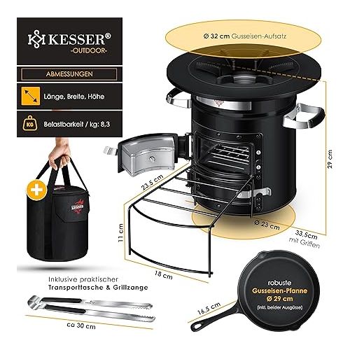  KESSER® Rocket stove with cast iron grill pan, barbecue tongs and carry bag, Dutch oven, 6 integrated spikes, BBQ rocket, wood stove, camping, outdoor camping stove, stainless steel, black