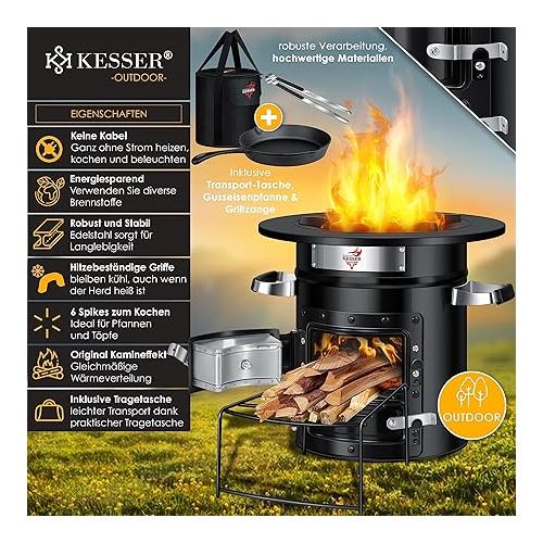  KESSER® Rocket stove with cast iron grill pan, barbecue tongs and carry bag, Dutch oven, 6 integrated spikes, BBQ rocket, wood stove, camping, outdoor camping stove, stainless steel, black