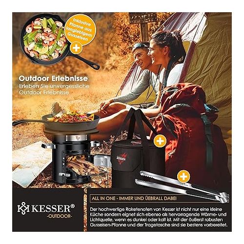  KESSER® Rocket stove with cast iron grill pan, barbecue tongs and carry bag, Dutch oven, 6 integrated spikes, BBQ rocket, wood stove, camping, outdoor camping stove, stainless steel, black