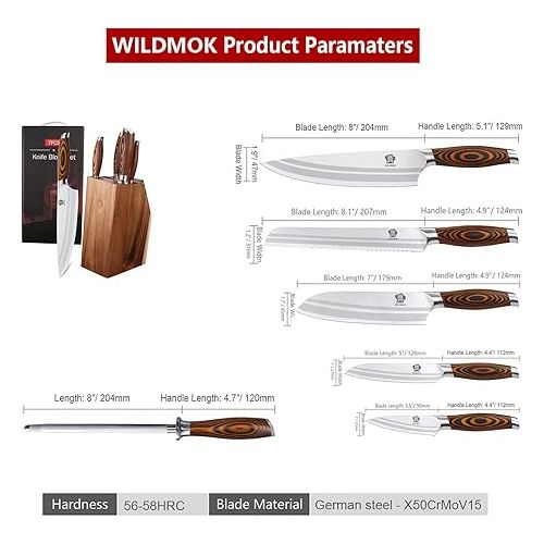  WILDMOK 7 Piece Knife Block Set, German Steel Chef's Knife Set, Precious Pakkawood Handle for Kitchen Knife Block Set