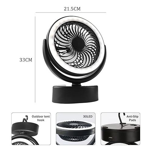  3000 mAh Camping Fan with Light, 2-in-1 Mini USB Fan with 30 LED Light and Hook, Adjustable Speeds, 360° Rotation Ceiling Fan, Tent Fan for Camping, Outdoor, Home, Office