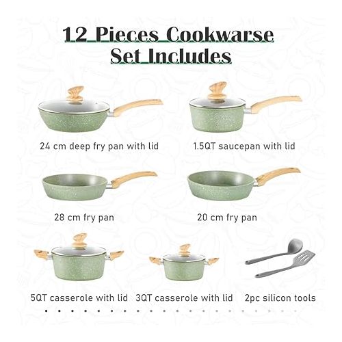  Kitchen Academy Pot Set 12-Piece Non-Stick Coating Cookware Set Pot and Pan Set with Lid, Pots and Pans Set for Induction, Gas Hobs and Microwave, Green