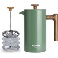 Poliviar French Press Coffee Maker 1 Litre / 8 Cups, Double-Walled Insulated Coffee Pot and Tea Maker, Hand Filter Coffee Press with Plunger and Wooden Handle, Flatland (Green) JX2020-FPN-DE