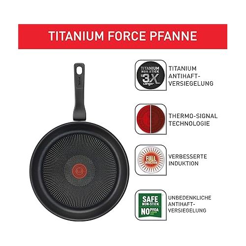  Tefal G30302 Titanium Force Frying Pan, 20 cm, Extra Durable Non-Stick Coating, Thermal Signal Temperature Indicator, Suitable for Induction Cookers, Pouring Rim, Black