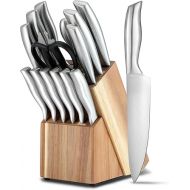 isheTao 15 Piece Premium Kitchen Knife Set with Wood Block, High Carbon Stainless Steel Knife Set, One Piece Dishwasher Safe Kitchen Knife Set, Self-Sharpening