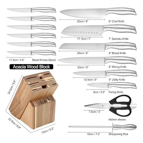  isheTao 15 Piece Premium Kitchen Knife Set with Wood Block, High Carbon Stainless Steel Knife Set, One Piece Dishwasher Safe Kitchen Knife Set, Self-Sharpening