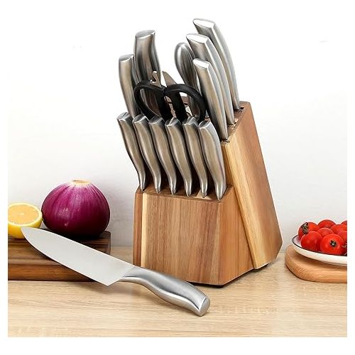  isheTao 15 Piece Premium Kitchen Knife Set with Wood Block, High Carbon Stainless Steel Knife Set, One Piece Dishwasher Safe Kitchen Knife Set, Self-Sharpening