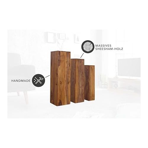  Invicta Interior Makassar Design Side Table Column Set of 3 80 cm / 70 cm / 60 cm High Sheesham Stone Finish Side Tables