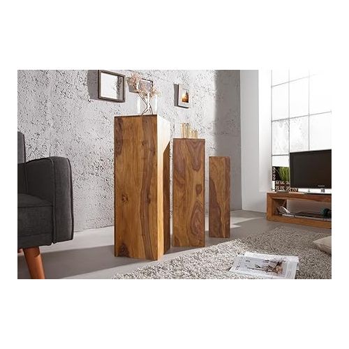  Invicta Interior Makassar Design Side Table Column Set of 3 80 cm / 70 cm / 60 cm High Sheesham Stone Finish Side Tables