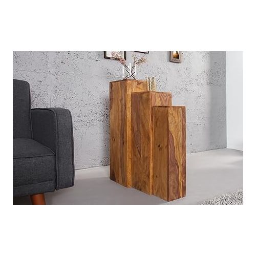  Invicta Interior Makassar Design Side Table Column Set of 3 80 cm / 70 cm / 60 cm High Sheesham Stone Finish Side Tables