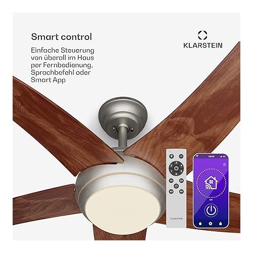  Klarstein Efficient 132 cm Ceiling Fan with Light, Smart Technology & DC Motor - Summer-Winter Mode for Year-Round Comfort Ideal for Small Spaces - Stylish, Practical Fan