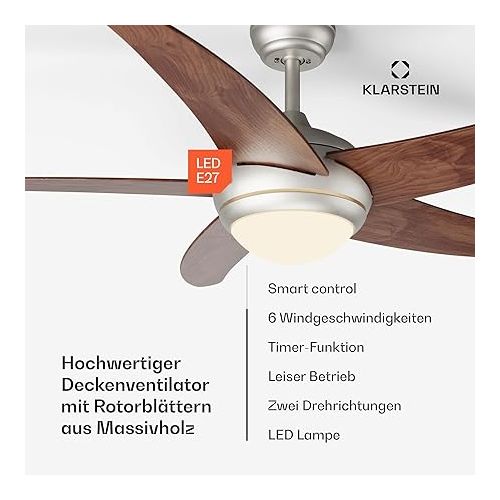  Klarstein Efficient 132 cm Ceiling Fan with Light, Smart Technology & DC Motor - Summer-Winter Mode for Year-Round Comfort Ideal for Small Spaces - Stylish, Practical Fan