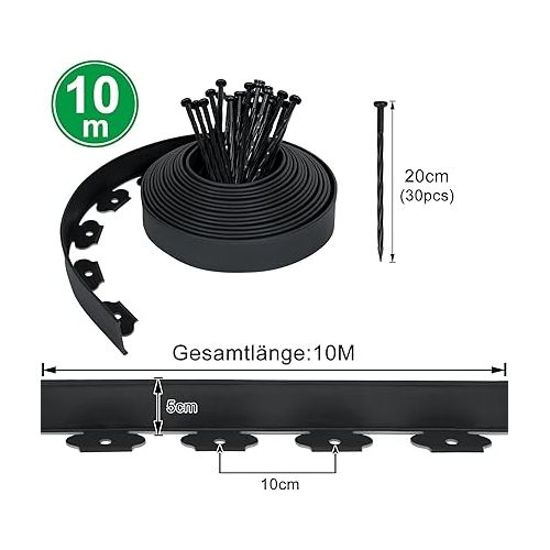  XMTECH Flexible Lawn Edging Plastic 10 m with 30 Fixing Pegs Flower Bed Edging Black