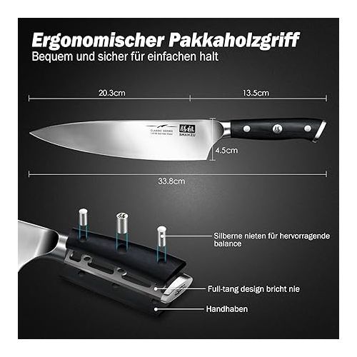  SHAN ZU Kuchenmesser Kochmesser Profi Messer, Chefmesser 20cm Deutscher Edelstahl Extra Scharfe Messerklinge, Allzweckmesser Fleischmesser mit Ergonomischer Pakkaholzgriff