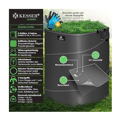  KESSER® Pop-Up Garden Bag, 73 L, Leaf Bag, Garden Waste Bag Including Gloves, Self-Standing with Handles, Sturdy, Robust and Foldable, Leaf Bags, Lawn Cutting, Garden Bags for Garden Waste Green