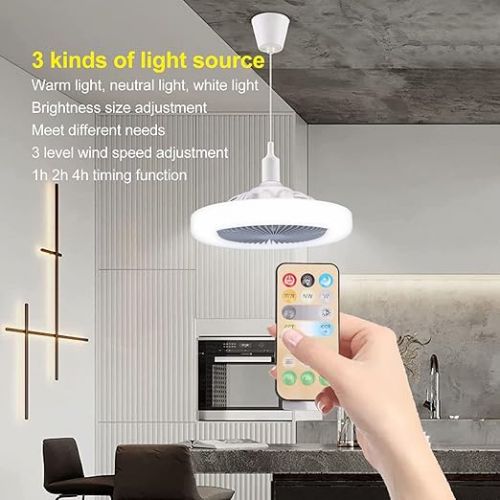  9.8 Inch Ceiling Fan without Blades with Lighting, Small E27 36 W Quiet, Adjustable LED Ceiling Fan with Remote Control, Small Ceiling Fan with Light for