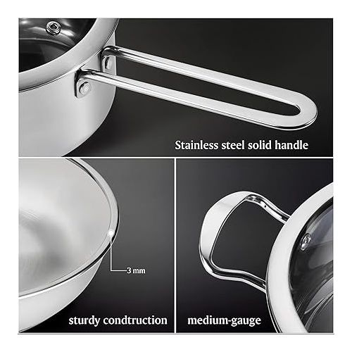  Tieplis Stainless Steel Cooking Pot Set, 6-Piece Pot Set with Glass Lids and Stay Cool Handle, Cooking Pot for All Types of Hobs and Oven-Safe, Pot Non-Toxic, Uncoated (Silver)