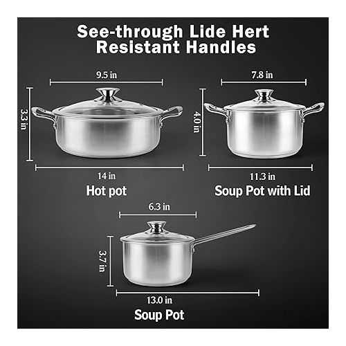  Tieplis Stainless Steel Cooking Pot Set, 6-Piece Pot Set with Glass Lids and Stay Cool Handle, Cooking Pot for All Types of Hobs and Oven-Safe, Pot Non-Toxic, Uncoated (Silver)