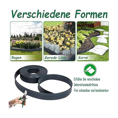  XMTECH Flower Bed Edging Plastic Lawn Edging Flexible Garden Flower Bed Edging Mowing Edge Flower Bed Border Garden Border 9.6 cm High Length 6 m Anthracite