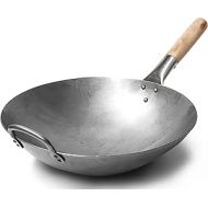 Traditional Hand-Hammered Carbon Steel Wok with Wooden and Steel Handle (Diameter 35.6 cm, Round Bottom) / 731W88 by Craft Wok