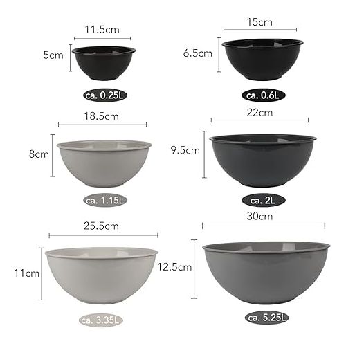  BoxedHome Mixing Bowl Set with Lid, Mixing Bowls, Pack of 12 Mixing Bowl Set, Plastic Salad Bowl, Non-Slip, Stackable Serving Bowls for Kitchen (6 Bowls and 6 Lids, Grey)