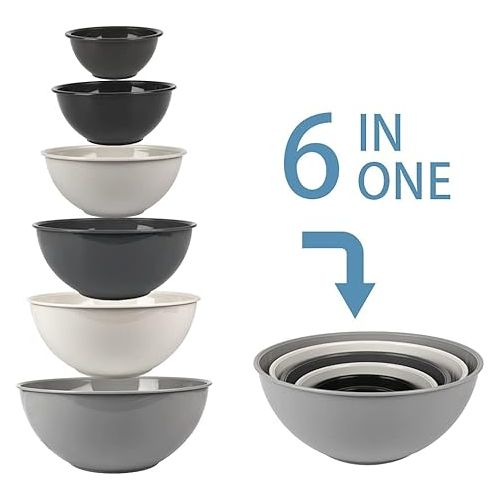  BoxedHome Mixing Bowl Set with Lid, Mixing Bowls, Pack of 12 Mixing Bowl Set, Plastic Salad Bowl, Non-Slip, Stackable Serving Bowls for Kitchen (6 Bowls and 6 Lids, Grey)
