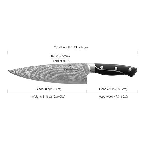  NANFANG BROTHERS Chef's Knife, Damask 67 Layer Handmade VG10 Steel Core Forged, 205 mm Cut, Sharp Kitchen Knife, Ergonomic Handle, Multifunctional Cooking Tool