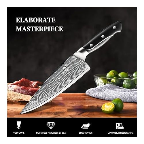  NANFANG BROTHERS Chef's Knife, Damask 67 Layer Handmade VG10 Steel Core Forged, 205 mm Cut, Sharp Kitchen Knife, Ergonomic Handle, Multifunctional Cooking Tool