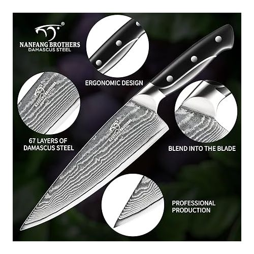 NANFANG BROTHERS Chef's Knife, Damask 67 Layer Handmade VG10 Steel Core Forged, 205 mm Cut, Sharp Kitchen Knife, Ergonomic Handle, Multifunctional Cooking Tool