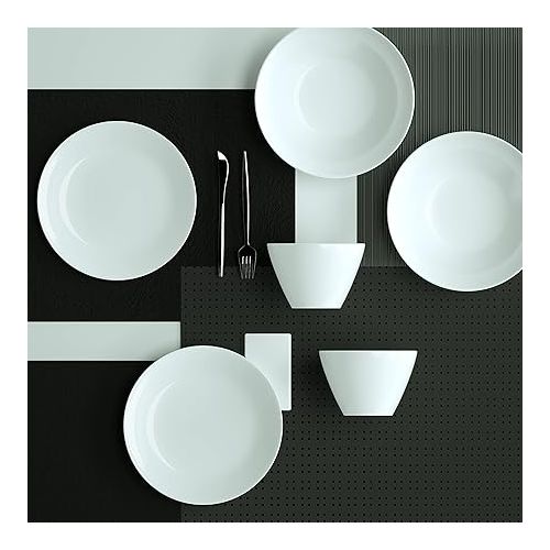  Villory Hacienda WeiBes Plate and Bowl Set - Modern Plate Set with 2 Plates, 2 Dark Bowls, 2 Small Bowls, White Crockery Set for 2 People