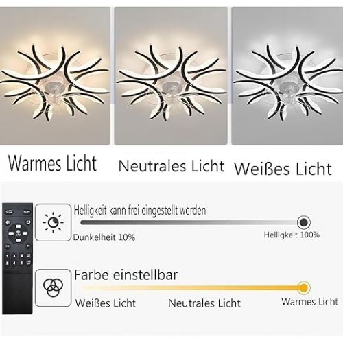  DDYY Leise Deckenventilator Mit Beleuchtung LED Moderner Dimmbare 8 Kopfe Schwarz Ventilator Lampe Mit Fernbedienung 60w Timer Deckenventilator Mit Lampe Fur Schlafzimmer Fan Licht 75cm