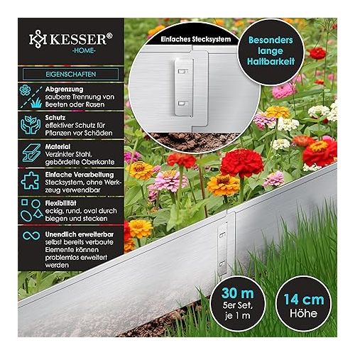  KESSER® Lawn / Flower Bed Edging, Gloves, 5 / 10 / 15 / 20 / 25 / 30 / 35 / 40 / 45 / 50 m, 100 x 14 cm or 100 x 18 cm Border Lawn Sheets, Mowing Edge, Metal Palisade Length 30 m, Height 14 cm