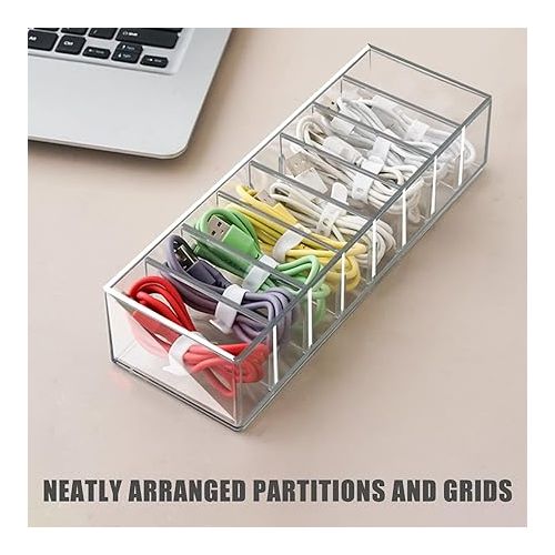  Pack of 2 Cable Storage Box, Cable Organiser Box with Lid, 8 Compartments, Transparent Charging Cable Organiser with 2 Cable Ties, Cable Management Box, Plastic Storage Box for Worktop Organiser